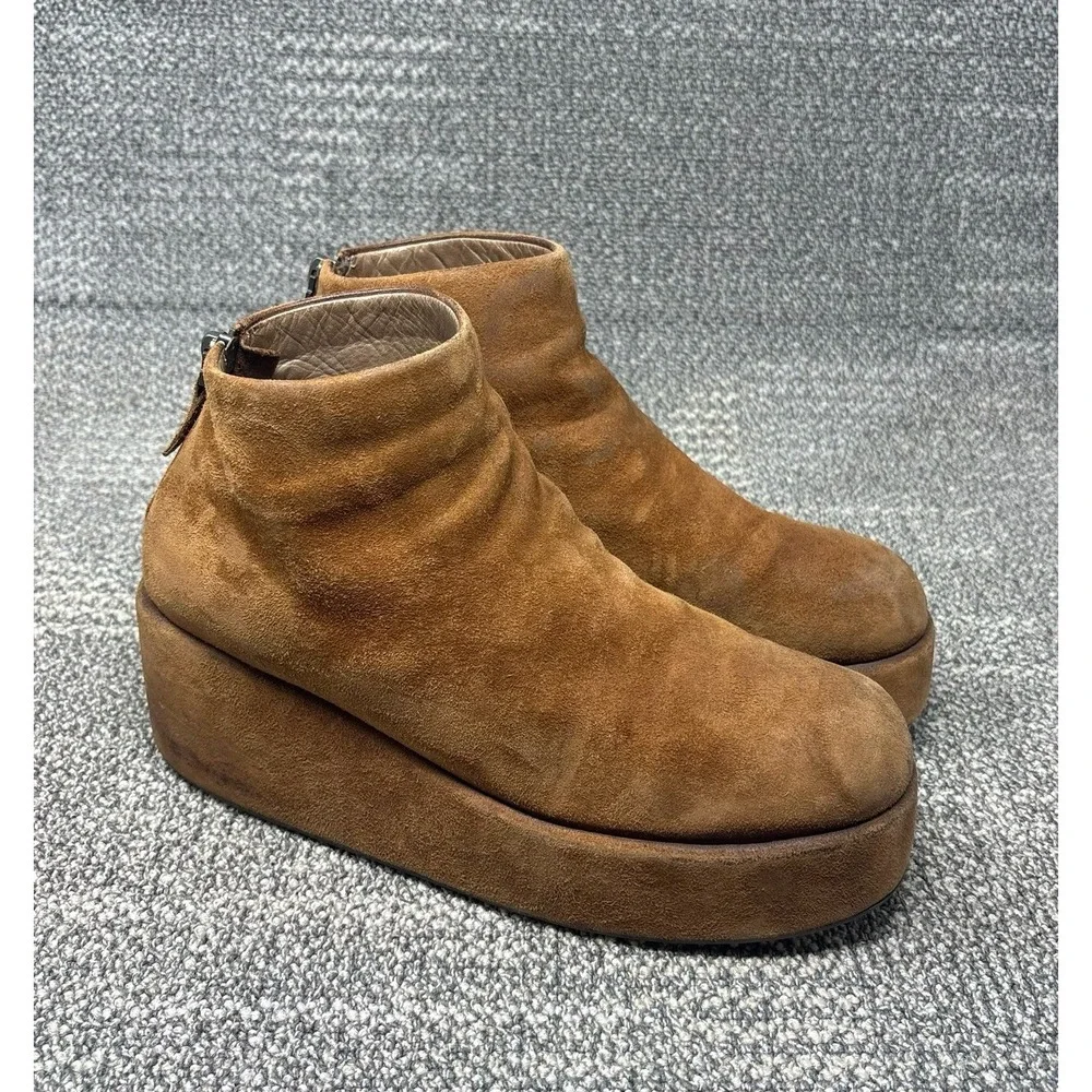 Marsell Brown Suede Platform Wedge Ankle Boots Back Zip Luxury Made Italy